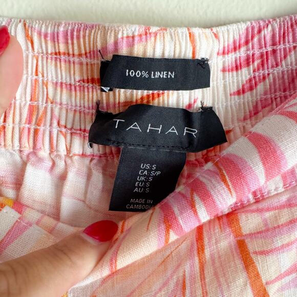 Tahari Pink + Orange Palm Print Linen Wide Leg Pull On Pant Small Beach Vacation - Picture 4 of 8
